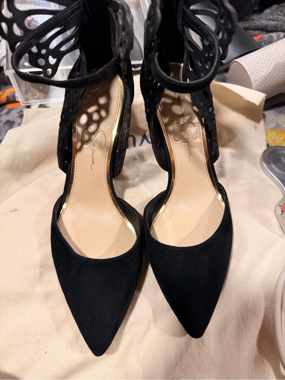 Jessica Simpson Black Suede Pointed-Toe Laser-Cut Ankle Strap Heeled Boots